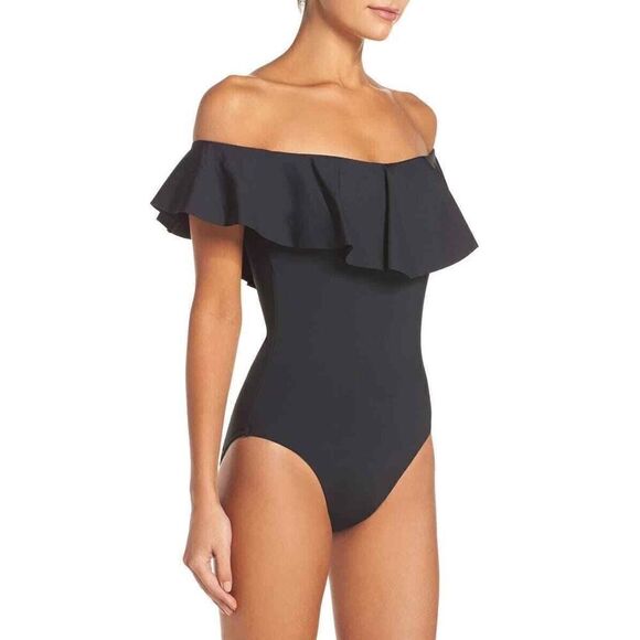 New. Trina Turk navy off shoulder ruffle top. Size 8. Retails $148 - Picture 4 of 11